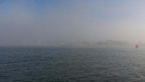 The beach huts through the fog